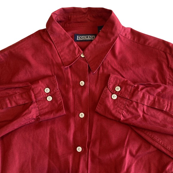 Lands' End Tops - Vintage Lands End Shirt Womens 12 Red Micro Check Cotton Button Down L/S 90s